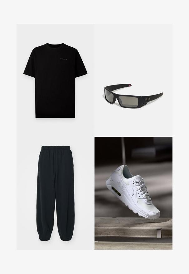 Musta puuvillapaita, jossa on lyhyet hihat ja pyöreä kaula-aukko. Rintamuksessa on brodeerattu pieni logo "Last Resort AB" vaaleassa värissä.; Mustat, elastisella vyötäröllä varustetut collegehousut, joissa on löysä istuvuus, cuffattu lahje, sileä pinta ja ilman näkyviä kuvioita tai varusteita.; Valkoiset Nike Air Max 90 -lenkkarit, joissa on verkko- ja nahkapinta, rei'itetty kärki ja näkyvä ilmayksikkö kantapäässä.; Mustat aurinkolasit matta-pinnalla, suorakulmaiset linssit, hieman kaarevat tempaukset, hienovarainen logo-yksityiskohta ja savunväriset linssit.