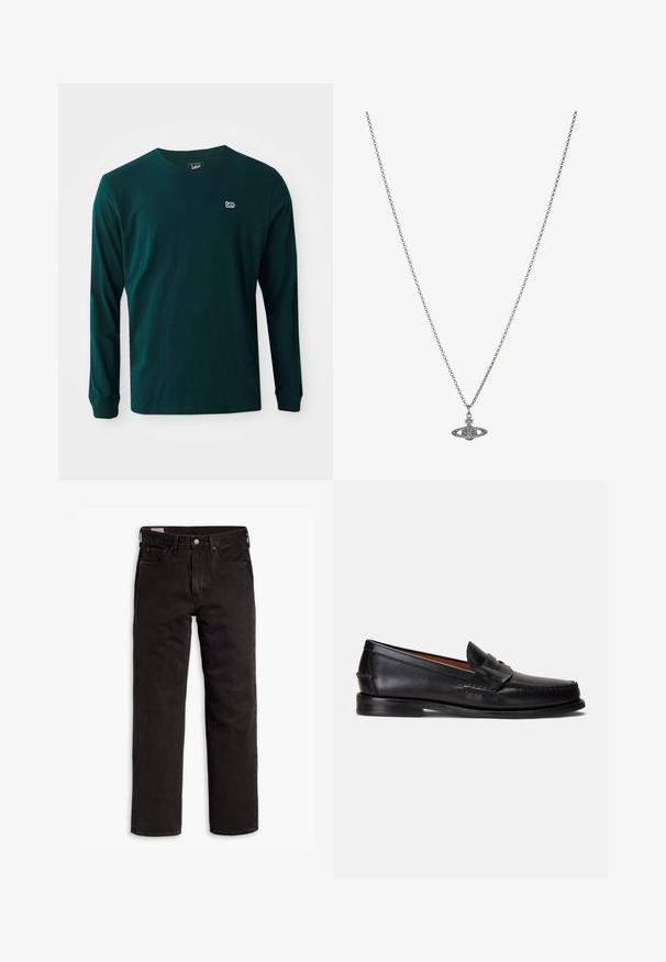 Dolga majica iz temno zelene bombažne tkanine s krožnim izrezom in majhnim belim logotipom na levem prsnem delu. Gladka tekstura, sproščen kroj.; Črne kavbojke ravnega kroja z žepi, gumbnim zapiranjem in zankami za pas, ležijo položene na belem ozadju.; Črni usnjeni loaferji z gladkim zaključkom, zaobljenim koničkom in okrasnim trakom čez zgornji del. Imajo nizko črno podplato.; Srebrna verižica z obeskom v obliki planeta, okrašena z majhnimi detajli in zapletenimi vzorci.
