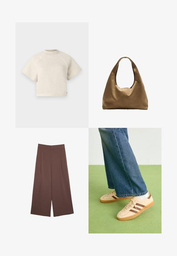 T-shirt corto con maniche a sbuffo in tessuto beige chiaro con una texture sottile. Presenta un colletto a costine e dettagli di cucitura a contrasto.; Pantaloni ampi marroni con una texture liscia, caratterizzati da una vita alta e pieghe frontali. Il tessuto è leggero e scorre liberamente.; Sneakers beige con pannelli texturizzati crema e strisce marroni, abbinati a jeans in denim blu. I jeans hanno un taglio largo e orlo sfilacciato.; Borsa a spalla in tessuto marrone con un corpo ampio e arrotondato e una grande maniglia a taglio. Texture morbida, design minimalista e senza hardware visibile.