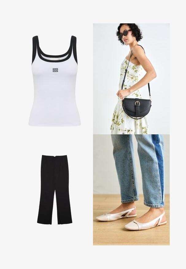 Bijela rebrasta majica bez rukava s okruglim izrezom i crnim obrubom. Logotip je centriran sprijeda. Tkanina izgleda mekano i prianja.; Crne hlače ravnog kroja, s prednjim džepovima i bočnim prorezima na rubu. Izrađene od mekog i glatkog materijala. Pogodne za razne prigode.; Svijetlo ružičaste slingback balerinke s šiljastim vrhom, izrađene od glatkog materijala nalik koži. Sadrže izrezane detalje sa strane i ravnu petu.; Crna kožna torba s lukovitim oblikom, odvojivim remenom i zlatnim detaljima. Torba ima preklop s kopčom.