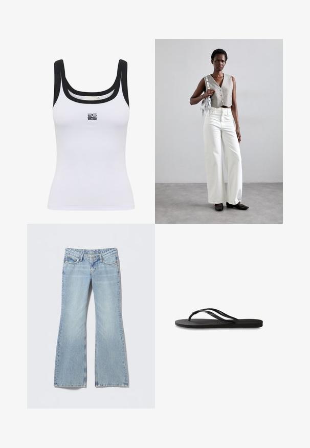 Weißes, geripptes Tanktop mit Rundhalsausschnitt und schwarzem Saum. Ein Logo befindet sich zentral auf der Vorderseite. Der Stoff wirkt weich und körpernah.; Hellblaue Jeans mit ausgestelltem Bein, verblasstem Finish, Fünf-Taschen-Design und kontrastierenden Nähten. Baumwoll-Denim mit glatter Textur.; Schwarze Flip-Flops mit einer strukturierten Gummisohle, zwei schlanken Riemen und einem dezenten, geprägten Logo-Detail auf dem Riemen.; Grauer, verkürzter Weste mit Knöpfen, kombiniert mit weißen, weit geschnittenen Jeans und schwarzen flachen Schuhen. Ergänzt durch eine kleine silberne Fransenhandtasche.