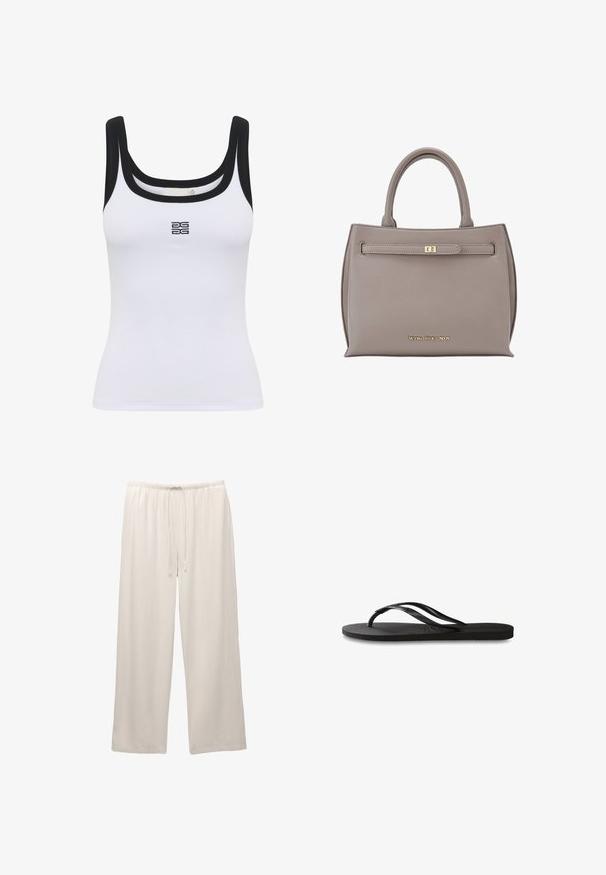 Bijela rebrasta majica bez rukava s okruglim izrezom i crnim obrubom. Logotip je centriran sprijeda. Tkanina izgleda mekano i prianja.; Svijetle široke hlače izrađene od mekog materijala s elastičnim pojasom i podesivom vezicom za udobnost.; Crne japanke s teksturiranom gumenenom potplatom, dva uska remena i suptilnim, urezanim logom na remenu.; Siva kožna torba sa strukturiranim oblikom, dvostrukim ručkama, prednjim preklopom sa zlatnim kopčanjem i urezanim logotipom na dnu.