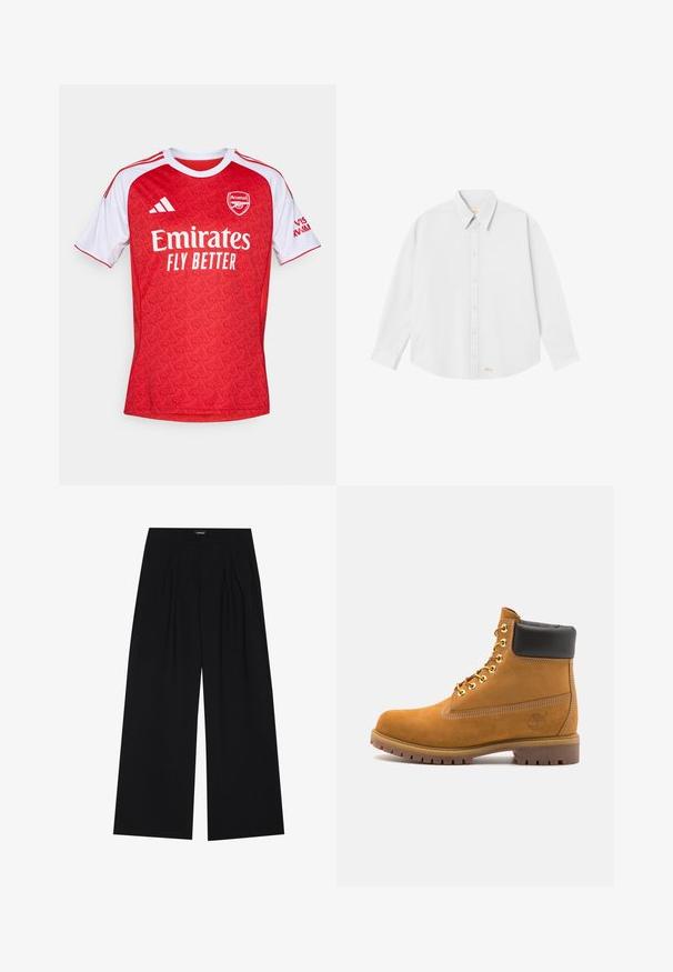 Camiseta de fútbol roja con acentos blancos, con un patrón geométrico, cuello redondo y el logo de Arsenal, junto con la marca "Emirates Fly Better".; Camisa blanca de botones con cuello clásico, mangas largas y dobladillo redondeado; presenta un pequeño logo naranja en la parte inferior izquierda.; YOURTURN UNISEX - Pantalones - black; Botín de ante marrón claro con collar acolchado negro, ojales de metal dorado, detalles de costura blanca y suela de goma resistente con tacos pronunciados.