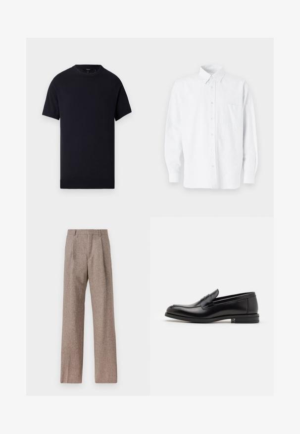 Dark navy short-sleeve T-shirt made from soft cotton. Features a round neckline and a straight hem with no visible patterns or accents.; White button-up shirt with a collar, featuring subtle vertical stripes, long sleeves, a chest pocket, and classic rounded hem.; Brown, high-waisted trousers made of textured fabric. Features wide legs and two front pleats for structure. Neat finish with no visible hardware.; Black leather loafers with a smooth texture, rounded toe, and a decorative strap across the vamp. Low stacked heel, minimalist design.