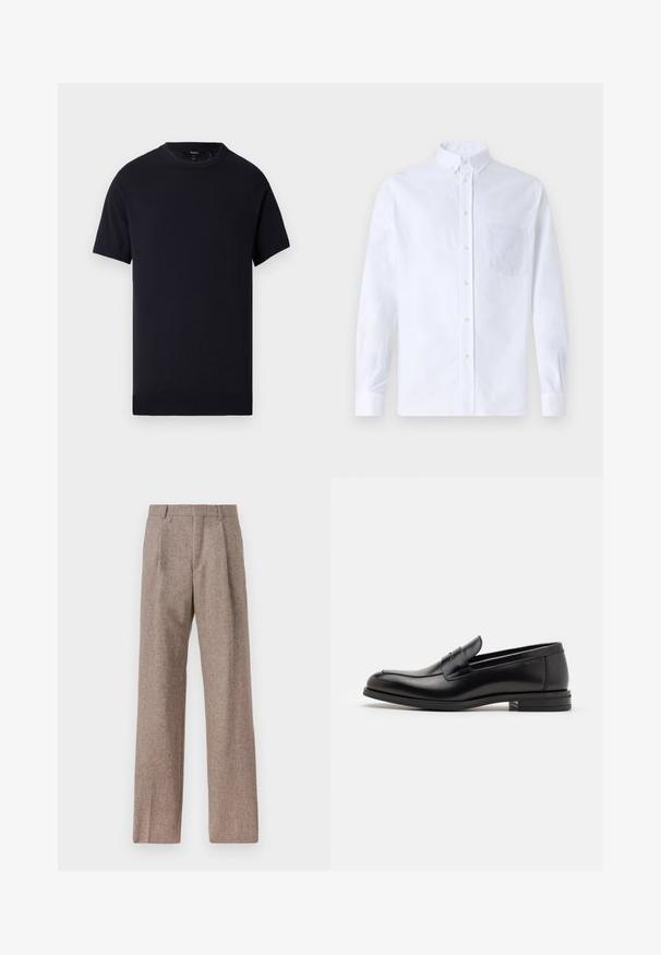 T-shirt scuro navy a maniche corte realizzato in morbido cotone. Presenta un collo rotondo e un orlo dritto senza modelli o dettagli visibili.; Camicia bianca a maniche lunghe con bottoni, realizzata in cotone, caratterizzata da una tasca sul petto con ricamo tonale, colletto e polsini con bottoni.; Pantaloni marroni a vita alta realizzati in tessuto testurizzato. Presentano gambe ampie e due pieghe frontali per struttura. Rifinitura curata senza hardware visibile.; Mocassini neri in pelle con una texture liscia, punta arrotondata e una striscia decorativa sulla tomaia. Tacco basso impilato, design minimalista.