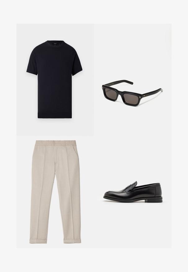 Dark navy short-sleeve T-shirt made from soft cotton. Features a round neckline and a straight hem with no visible patterns or accents.; Filippa K TERRY CROPPED TROUSERS - Trousers - sage melange; Black leather loafers with a smooth texture, rounded toe, and a decorative strap across the vamp. Low stacked heel, minimalist design.; Black rectangular sunglasses with dark lenses, thick plastic frame, gold accents on temples, and brand logo engraved on the arm.
