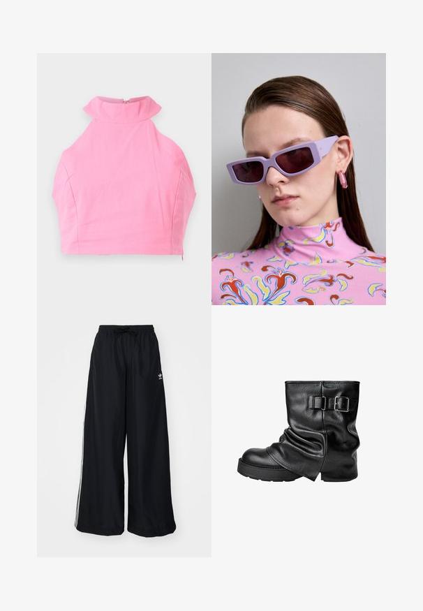 Lyserød cropped top med høj flæsekrave, glat tekstur og lynlås lukning bagpå. Skræddersyet pasform uden yderligere mønstre eller detaljer.; Sorte vide bukser lavet af letvægtsstof. Har en elastisk talje med snøre og hvide sidelister. Brandlogo på hoften.; Sort læderankelstøvle med en slasket design, firkantet tå og en sidespændeaccent. Tyk sål giver ekstra højden og stabilitet.; Lilla rektangulære solbriller med mørke tonede linser, båret med en pink mønstrede turtleneck med blomsterdesign og livlige accenter.