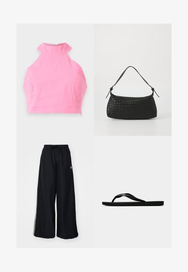Pink cropped top with a high ruffled collar, smooth texture, and a rear zipper closure. Tailored fit and no additional patterns or accents.; Black wide-leg pants made from lightweight fabric. Features an elastic waistband with drawstring and white side stripes. Brand logo on hip.; Black rubber flip-flop sandal with a textured thong strap and simple flat sole, shown from side on a plain light background.; Black woven shoulder bag with a smooth leather strap and zipper closure. Features a textured surface and curved shape.