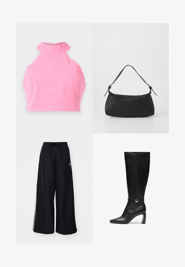 Vaaleanpunainen lyhyt toppi, jossa on korkea röyhelökaulus, sileä pinta ja takavetoketju. Muotoonommeltu malli ilman lisäkuvioita tai koristeita.; Mustat leveät housut, jotka on valmistettu kevyestä kankaasta. Varustettu joustavalla vyötärökaistalla, jossa on kiristysnauha, ja valkoisilla sivusuunnilla. Brändin logo lantiossa.; Musta nahkainen polvipitkä saappaat, joissa on terävä kärki ja massiivinen korko. Saappaissa on hihna, jossa on pyöreä yksityiskohta nilkan kohdalla.; Mustan kudotun olkalaukun, jossa on sileä nahkahihna ja vetoketjukiinnitys. Mahdollistaa teksturoituneen pinnan ja kaarevan muodon.