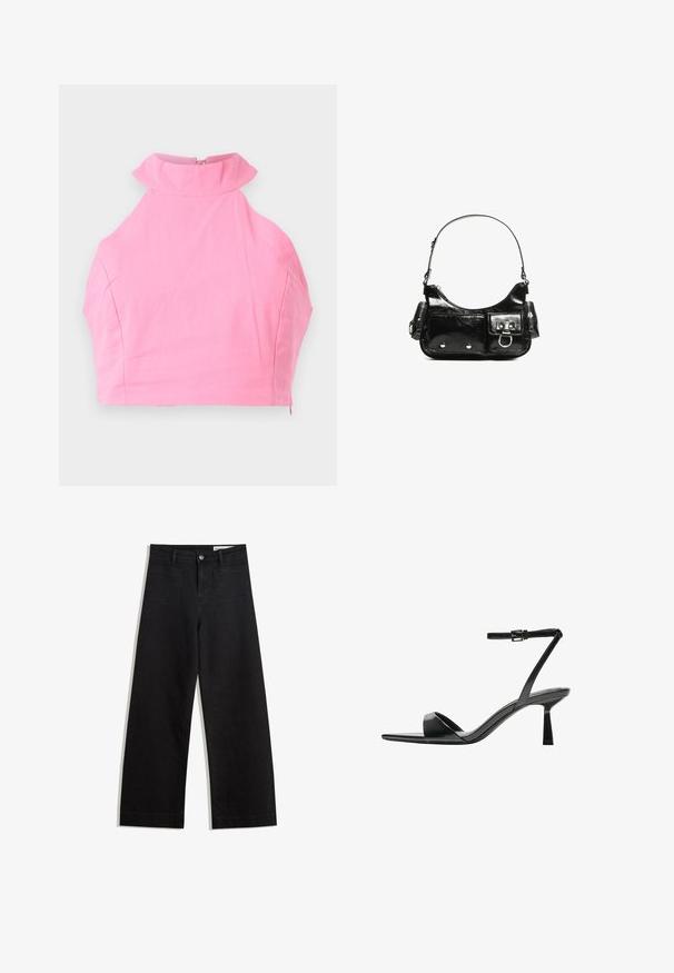 Vaaleanpunainen lyhyt toppi, jossa on korkea röyhelökaulus, sileä pinta ja takavetoketju. Muotoonommeltu malli ilman lisäkuvioita tai koristeita.; Mustat leveät farkut korkealla vyötäröllä, joissa on etu- ja takataskut, ommellut saumat ja nappisuljenta. Silkinoinen rakenne.; Bershka Korolliset sandaalit - black; Mustekko mustasta kiiltonahasta valmistettu käsilaukku, jossa on kaareva muoto, yksi olkahihna, etutaskut ja hopeanväriset yksityiskohdat.