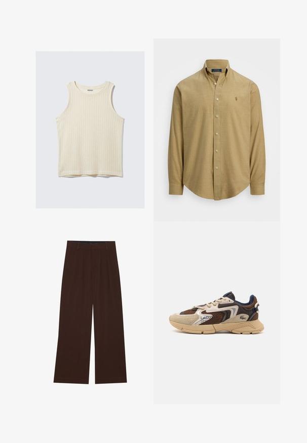 Cream-colored ribbed tank top with a round neckline and wide shoulder straps. Soft texture with a simple design. Tag reads "WEEKDAY."; Light brown, long-sleeved button-down shirt with a collared neckline, made of a textured fabric. Features a small logo on the chest.; Brown wide-leg trousers with pleats. Made of a smooth fabric, featuring a tailored waistband and side pockets. Flat hem at the bottom.; Beige and brown sneaker with textured mesh panels, suede accents, and a rubber sole. Features lace-up design and branded detailing.