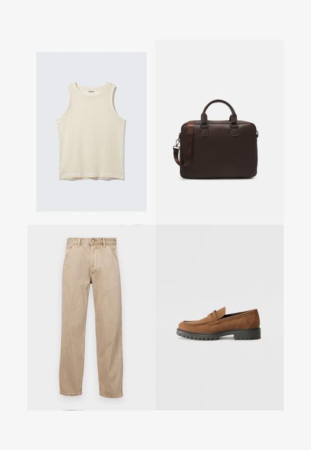 Cremfarbener, gerippter Tank-Top mit Rundhalsausschnitt und breiten Trägern. Weicher Stoff mit einem schlichten Design. Etikett trägt die Aufschrift "WEEKDAY."; Beige Denim-Jeans mit geradem Beinschnitt, ausgestattet mit Vordertaschen, einem Metallknopfverschluss und feiner Textur.; Braune Wildlederslipper mit runder Zehenpartie und einer niedrigen schwarzen Gummisohle, die über einen dekorativen Riemen und Nähte auf dem Obermaterial verfügt.; Braune Leder-Laptoptasche mit strukturierter Oberfläche, doppelten Obergriffen, verstellbarem Gurt und zwei vorderen Schnallen für zusätzlichen Detailreichtum.