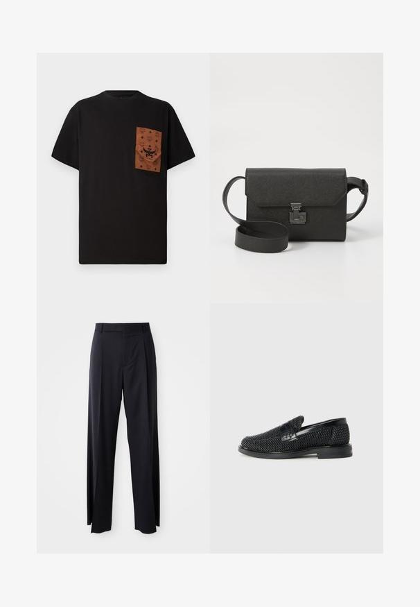 Melns T-krekls ar brūnu kabatu, kurai ir reljefs raksts un logotips. Īsas piedurknes un apaļa kakla izgriezums. Kokvilnas audums, ikdienas piegriezums.; Melnas, augstās vidukļa bikses ar platām kājām, izgatavotas no gludas auduma. Iezīmē priekšējās krokas un jostas cilpas. Minimalistisks dizains, bez redzamām detaļām.; Melnas austas slaidu kurpes ar gludu ādas akcentu augšpusē, apaļas formas purngalu un zemas profila gumijas zoli.; Melna ādas pleca soma ar teksturētu apdari, vāka aizdare, metāla piederumi un savietojams regulējams siksna.