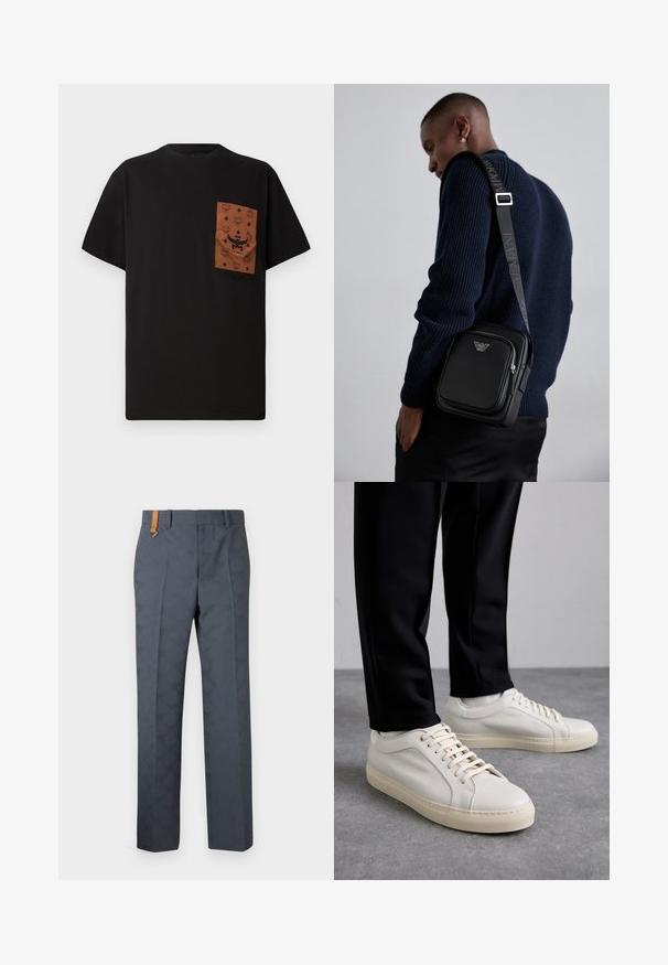 Juodas marškinėlis su rudu kišeniu, turinčiu reljefinį raštą ir logotipą. Trumpomis rankovėmis ir apvaliu iškirpimu. Medvilnės audinys, kasdieniškas kirpimas.; Pilkos raštuotos kelnės su lygiu paviršiumi, turinčios plokščią priekį ir rudo odos akcentą ant juosmens. Priderintas kirpimas su tiesiomis kojomis.; Šviesūs smėlio spalvos odiniai sportbačiai su plokščiomis raišteliais, tekstūruotu paviršiumi ir kontrastinga kreminės spalvos gumine padu, derinami su juodomis siaurėjančiomis kelnėmis.; Juodas odinis kryžiumi nešiojamas krepšys su užtraukiamu skyriumi, logotipo detale ir prekinio ženklo reguliuojama juosta. Dėvimas ant tekstūrinio tamsiai mėlyno megztinio.