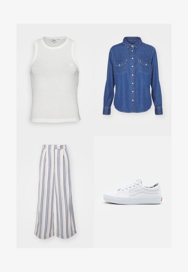 Biała, prążkowana koszulka bez rękawów z okrągłym dekoltem i dopasowanym krojem. Na przodzie znajduje się małe, dyskretne logo Lee wyszyte w subtelny sposób.; Denimowa koszula w ciemnoniebieskim kolorze, z zapięciem na guziki z przodu, dwiema kieszeniami na piersi z klapkami oraz klasycznym kołnierzem. Długie rękawy z zapięciem na guziki.; Szerokie spodenki w paski w kolorze kremowym i granatowym, wykonane z miękkiego materiału. Posiadają dopasowany pas i podwinięte nogawki, podkreślające pionowe paski.; Białe trzewiki z płaskim designem, okrągłym noskiem, sznurowanym zapięciem, wyprofilowanym kołnierzem i wzorzystą podszewką wewnętrzną. Czerwona metka z logo na pięcie.