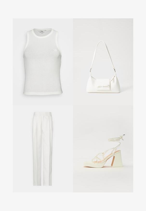Balta, raukšlėta marškinėlių su apvaliu kaklu, be rankovių ir prigludusio silueto. Pirmoje pusėje yra mažas, diskretiškas Lee logotipas, siuvinėtas ant marškinėlių.; Balti dryžuoti kelnės su tiesiu kojų dizainu, pagamintos iš lengvos medžiagos. Priekyje turi klostes ir tradicinį juosmenį.; Balti aukštakulniai sandalai su masyviu kulnu, su dirželių dizainu ir kulkšnies raiščiu. Lygi tekstūra su platforma priekyje, suteikianti papildomą aukštį.; Balta sintetinė rankinė trikampio formos, plokščiu priekiu su užsegimu, kaspino detale, reguliuojama dirželiu, lygia tekstūra ir minimalistišku dizainu.