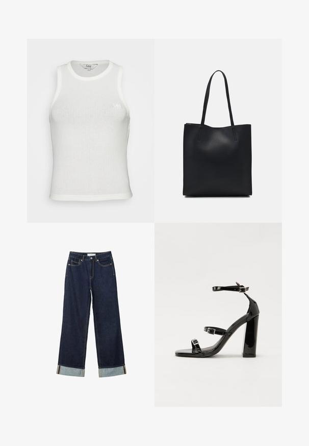 Vit ribbad linne med rund halsringning, utan ärmar och en figurnära design. Har en liten, diskret Lee-logga broderad på framsidan.; Mörkblå vida jeans med hög midja, utrustade med uppvikta fållar, kontrasterande sömmar och femficksdesign. Tillverkade av denimtyg.; Svarta lackerade klacksandaler med fyrkantig tå, ankelremmar och silverfärgade spännen. Har en kraftig blockklack för stabilitet.; Svart lädertoffelväska med slät textur, rektangulär form och två långa handtag. Ingen synlig hårdvara eller dekorationer.
