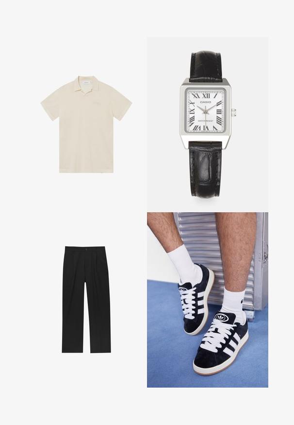Rövid ujjú pólóing világos bézs színben, texturált anyagból, klasszikus gallérral és finoman hímzett logóval a mellrészen.; Fekete nadrág egyenes szárú kialakítással, sima anyagból készült. Elöl redők és egy gombos záródás található a derékon.; Fekete velúr sportcipők fehér fűzőkkel és három fehér csíkkal. A nyelvén egy kör alakú fekete logó található, valamint egy gumis talp.; Ezüst négyzet alakú óra fehér számlappal, fekete római számokkal és "WATER RESIST" felirattal. Fekete bőrszíj, texturált felülettel.