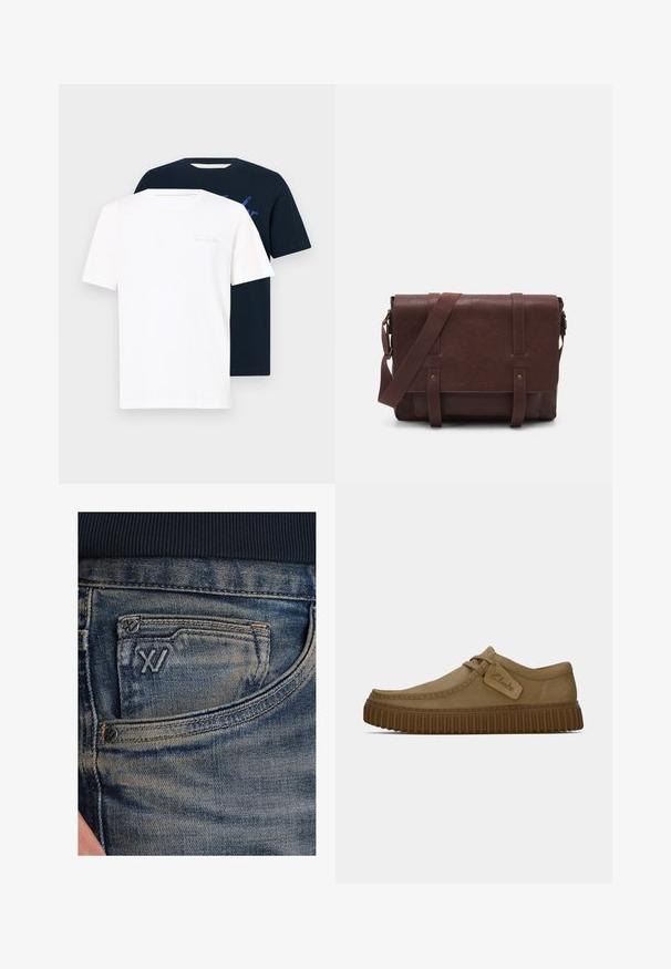 Dwa t-shirty z okrągłym dekoltem: jeden biały z jasnym nadrukiem, drugi granatowy z graficznym wzorem. Oba są z krótkim rękawem i wykonane z miękkiego materiału.; Niebieskie dżinsy z denimu o wyblakłej fakturze, z kieszonką na monety i czarnym logo na przodzie. Pas wykonany z ciemnogranatowej dzianiny prążkowanej.; Jasnobrązowe zamszowe buty z okrągłym noskiem, z przeszyciami i brązową gumową podeszwą o żebrowanej fakturze. Posiadają boczną metkę z logo "Clarks".; Brązowa skórzana torba na ramię z płaskim klapem z przodu, dwoma paskami, złotymi akcentami oraz regulowanym paskiem na ramię.