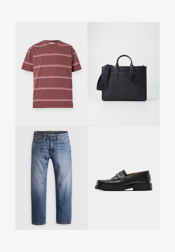 Tricou bordo cu dungi orizontale roz, guler rotund, mâneci scurte și o croială relaxată. Fabricat dintr-un material moale din bumbac.; Jeans din denim albastru cu picioare drepte, cu închidere prin buton și fermoar, cinci buzunare și cusături portocalii pe un fundal gri deschis.; Mocasinii din piele neagră au o cusătură ridicată, două bare decorative pe partea superioară și o talpă groasă texturată pentru o aderență suplimentară.; Servietă din piele de culoare albastru închis, cu două mânere superioare și o curea detasabilă. Prezintă un finisaj texturat, cusături verticale și detalii cu logo.