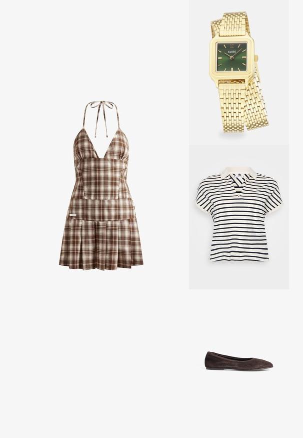 Prúhovaný polokošelový tričko s krátkym rukávom a V-výstrihom, s námorníckymi a krémovými pruhmi, vyrobené z jemného bavlneného materiálu a s klasickým dizajnom goliera.; House of Sunny THE HOXTON CHECK DRESS - Denné šaty - multi-colored; Hnedé semišové baletky s špicatou špičkou a nízkym profilom. Majú hladký povrch a minimalistický dizajn. Žiadne viditeľné kovanie ani akcenty.; Čierna kožená kabelka so štruktúrovaným dizajnom, horným držadlom, odnímateľným ramenným popruhom a zlatými kovovými detailmi. Obsahuje predné zapínanie na klapku.; Zlaté štvorcové náramkové hodinky so zeleným gradientovým ciferníkom, zlatými ukazovateľmi hodín a sieťovým náramkom. Názov značky "CLUSE" zobrazený na ciferníku.; Náušnice s uzlom v zlatej farbe s prekrúteným dizajnom. Každá náušnica má kruhové priehľadné pozadie pre bezpečné nosenie.