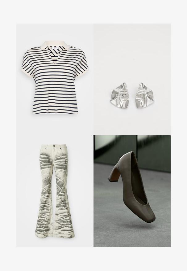 Triibuline lühikeste varrukatega polo särk, millel on V-kaelus, tumesinised ja kreemjad triibud, pehme puuvillane materjal ja klassikaline krae disain.; Heledad heledad teksuuriga mustade horisontaalsuurte triipudega heledad flared teksad, millel on ees taskud ja metallnööbiga sulg.; Tume oliivroheline nahast kõrge kontsaga king, millel on ruudukujuline varvas ja plokknokk, hõljuv halli betoonpinna kohal uduselt rohelise tausta ees.; Hõbedased metallkõrvarõngad lainelise, skulpturaalse disainiga, millel on poleeritud viimistlus ja ebaregulaarsed kujundid, rõhutades kaasaegset esteetikat.