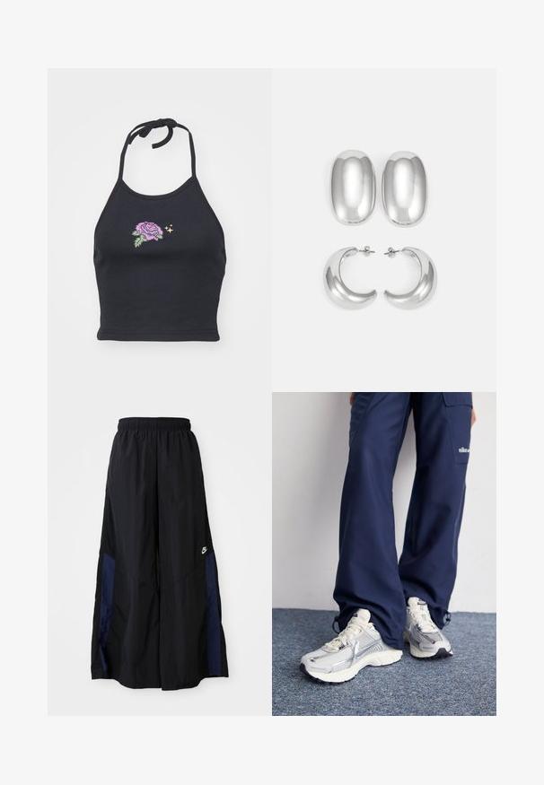 Top halter nero in cotone morbido con una rosa rosa ricamata e foglie verdi. Presenta una tracolla da annodare e un design aderente.; Pantaloni neri a gamba larga realizzati in tessuto leggero, con un pannello laterale blu navy e una cintura elastica. Piccolo logo bianco sul fondo.; Scarpe da ginnastica Nike con una tomaia in rete argentata, dettagli bianchi e suole testurizzate, abbinate a pantaloni larghi blu navy.; Set di orecchini argento: due orecchini a bottone ovali e due orecchini a cerchio a forma di mezzaluna, caratterizzati da una finitura lucida e liscia e un design arrotondato.