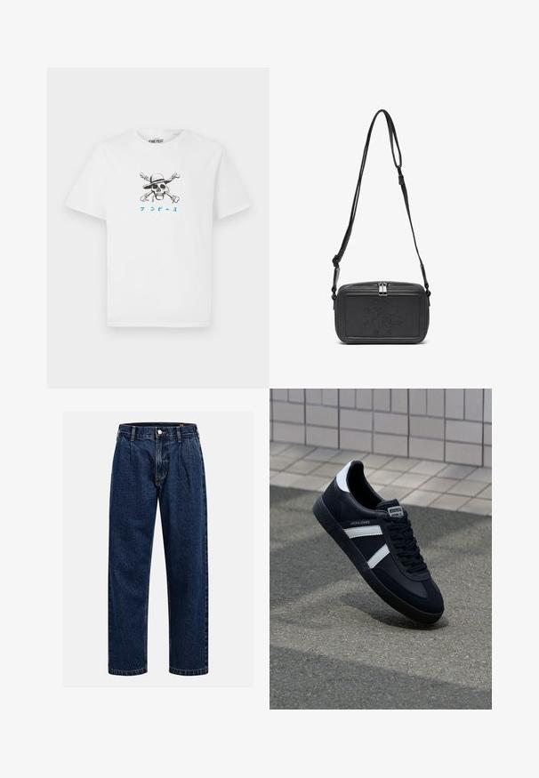 Hvid bomulds T-shirt med et sort kraniegrafik med en hat, korsede ben og blå japansk tekst under designet. Korte ærmer.; Mørkeblå denimjeans med lige ben-design. Har synlige syninger, en knaplukning og frontfoldninger for ekstra detalje.; Sort lædersneaker med hvide striber, tekstureret gummisål og snørrebånd foran. Har et brandet mærke på tungen.; Sort læder crossover taske med lynlåslukning, præget logo på fronten og justerbar rem. Glat tekstur med rektangulær form.