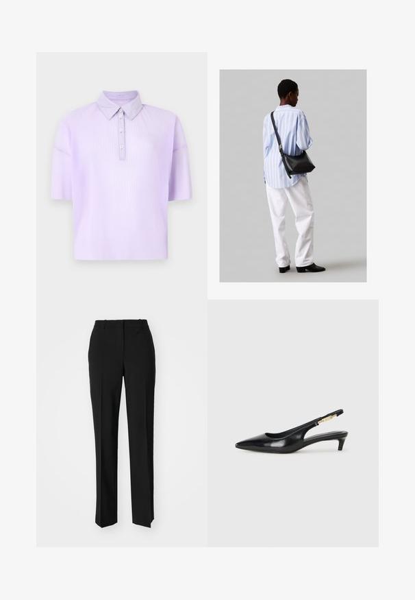 Kortermet polo skjorte i lys lavendel, med kragehals, fem-knapps placket og subtil vertikal ribbet tekstur.; Sorte skreddersydde bukser med rett silhuett, med en glatt tekstur og klare pressede bretter foran. Ingen synlig maskinvare.; Sorte lærreim hæler med spiss tå, som har en slank hæl og en gullfarget detalj på den justerbare stroppen. Glatt tekstur.; Svart lær skulderveske med en myk tekstur, trekantet form og justerbar stropp, kombinert med en lyseblå stripete skjorte og hvite bukser.