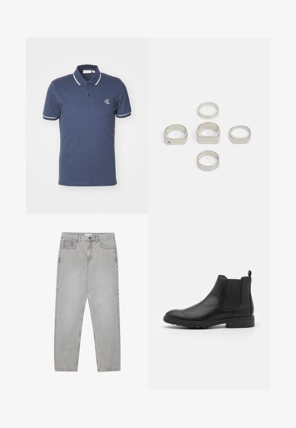 Marineblå polo skjorte i bomull med hvit kant ved kragen og ermene; har et lite brodert logo på brystet.; Lys grå denimbukser med rett ben-design, fem lommer og knappelukking. Synlig søm langs sømmene.; Sorte skinn Chelsea-støvler med elastiske sidepaneler og en pull-tab, med en avrundet tå og teksturert gummisåle.; Sett med seks metalliske sølvringer i ulike former, inkludert runde og firkantede, med glatte teksturer og minimalistisk design.