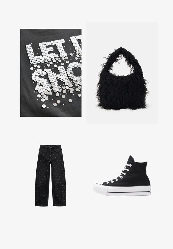 Graues Stoff-T-Shirt mit großen, reflektierenden silbernen Pailletten, die den Satz "LET IT SHINE" bilden, ergänzt durch verstreute kleinere Pailletten.; Schwarze Jeans mit weitem Bein aus Denim, verziert mit einem Muster aus kleinen silbernen Ösen, klassischem Fünf-Taschen-Design und Knopfverschluss vorne.; Schwarze High-Top-Canvas-Sneaker mit weißen Ösen, Schnürsenkeln und Gummisohle. Verfügt über eine strukturierte Zehenkappe und schwarz-weiße Streifenakzente.; Even&Odd Shopping Bag - black