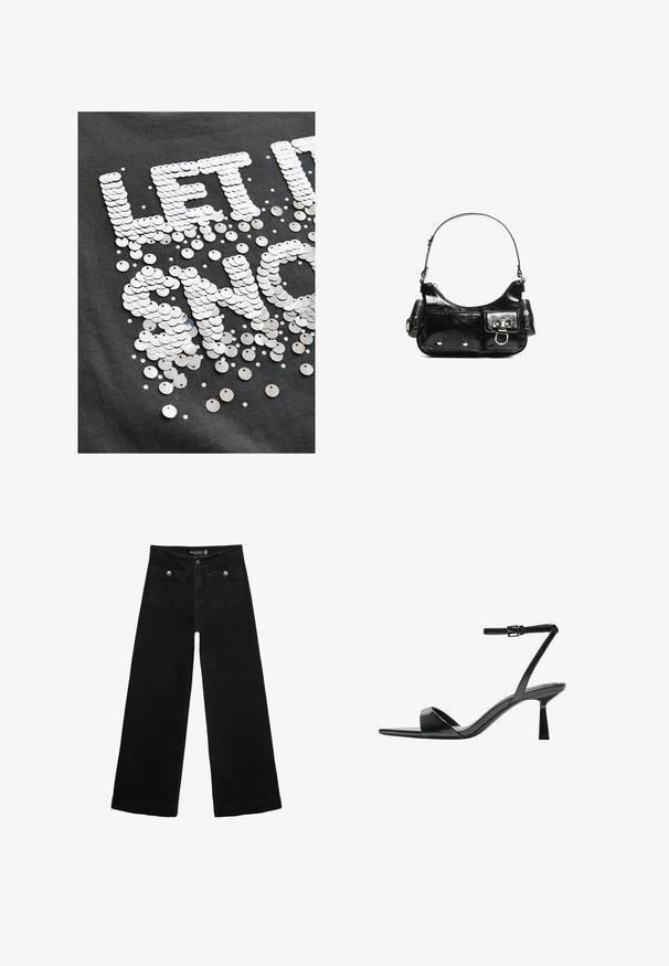 Siva majica od tkanine s velikim, reflektirajućim srebrnim šljokicama koje tvore natpis "NEKA ZABLISTA", uz raspršene manje šljokice.; Crne široke traperice s visokim strukom, koje imaju dva prednja džepa i metalne gumbe kao ukrase. Tkanina ima glatku teksturu.; Bershka Sandale s visokom petom - black; Crna patentna kožna torba s zakrivljenim oblikom, jednim remenom za rame, prednjim džepovima i akcentima od srebrnog tona.
