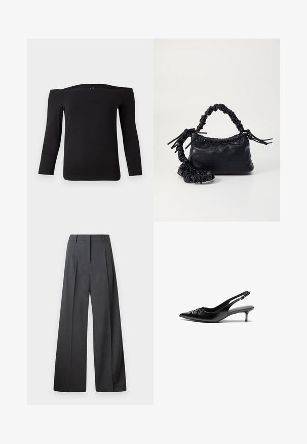 Blusa preta de manga longa, off-the-shoulder, feita de um tecido liso e elástico. Apresenta um decote amplo e uma silhueta ajustada.; Calças de perna larga em tecido cinza escuro, apresentando uma cintura alta, pregas simples e uma textura suave com um acabamento limpo nas bainhas.; Sapatos de salto alto slingback em couro preto com bico fino, pequeno salto kitten e um detalhe decorativo em forma de nó na parte da frente. Textura suave em toda a parte.; Bolsa de mão em couro sintético preto com textura de crocodilo, topo franzido e alça enrugada. Apresenta um design suave e compacto.