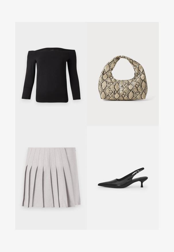 Fekete, vállnélküli, hosszú ujjú felső sima, rugalmas anyagból. Széles nyakkivágással és testhezálló szabással rendelkezik.; Szürke pliszírozott szoknya sima textúrával, több függőleges redővel és testre simuló derékkal. Könnyű anyagból készült.; Fekete bőr szandálcipő hegyes orral és karcsú, ívelt sarokkal. Diszkrét, állítható pánttal rendelkezik, fém csattal.; Kígyómintás kézitáska ívelt fogantyúval. Texturált, bézs és barna anyagból készült, jellegzetes gyémántmintával.