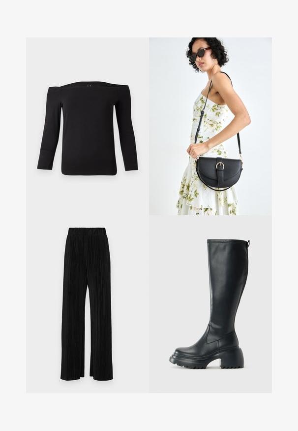 Black off-the-shoulder long-sleeve top made from a smooth, stretchable fabric. Features a wide neckline and fitted silhouette.; Black pleated trousers with an elastic waistband. Features wide legs and a smooth, textured fabric with vertical stripes.; Tall black leather boot with chunky platform sole and block heel, featuring pull tab and textured tread on outsole.; Black leather handbag with a curved shape, detachable strap, and gold hardware. The bag features a flap with a buckle detail.