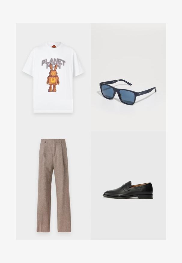 White short-sleeve t-shirt featuring a cartoon rabbit in shades of orange and brown, with "PLANET MCM" text above the design.; Brown, high-waisted trousers made of textured fabric. Features wide legs and two front pleats for structure. Neat finish with no visible hardware.; Black leather loafer with a rounded toe, subtle stitched detailing, and a low heel, featuring a smooth texture and minimalist design.; Blue rectangular sunglasses with dark lenses, matte navy frame, logo detail on the temple, straight arms, and a solid, smooth texture.