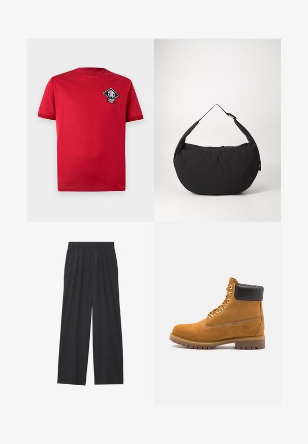 Camiseta de algodón roja con mangas cortas, cuello redondo y un parche de logotipo en forma de diamante en blanco y negro en el pecho izquierdo.; Pantalones de pierna ancha hechos de tela gris oscura. Cuenta con pliegues en la cintura, un diseño a medida y una silueta recta.; Botín de ante marrón claro con collar acolchado negro, ojales de metal dorado, detalles de costura blanca y suela de goma resistente con tacos pronunciados.; Bolso de hombro de tela negra con forma curva, que presenta una sola correa y un cierre con cremallera. Textura suave, diseño minimalista.