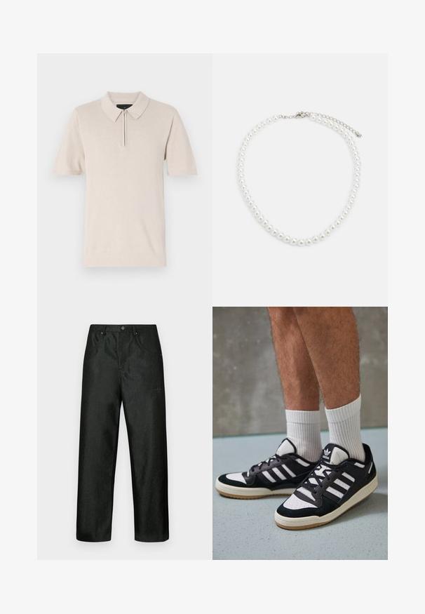 Kortærmet polo-shirt i lys beige, med lynlås i halsen, blød stofstruktur og klassisk kravedesign.; Sorte bukser med let glans, med et lige ben-design, to forlommer og et diskret logo på øverste venstre side.; Sorte og hvide sneakers med en overdel i ruskind og læder, der har tre hvide striber, en perforeret tå og en sål i gummigummi.; Hvid perlekæde med ensartet rund form, glat overflade og metalspænde med forlængerkæde for justerbar længde.