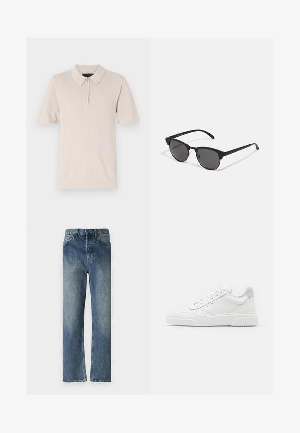 Kortærmet polo-shirt i lys beige, med lynlås i halsen, blød stofstruktur og klassisk kravedesign.; Blå denimjeans med lige ben, der har en falmet vask, bæltestropper, forlommer og en enkelt baglomme.; Hvide lædersneakers med en glat finish, rund tå, flade snørebånd og en struktureret sål. Grå ruskindsdetalje ved hælen.; Sorte solbriller med runde linser, mat finish og karakteristisk katteøje-form. Slanke arme med subtil branding på venstre stel.