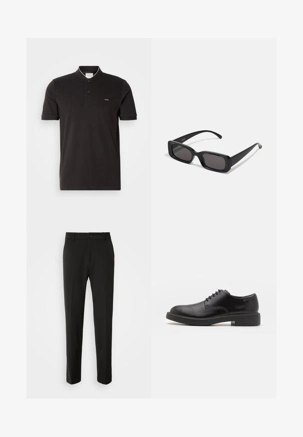 Czarna krótko rękawowa koszulka polo z bawełny, z kołnierzykiem stójkowym, dwoma guzikami z przodu oraz małym logo na lewej piersi.; Czarne spodnie z gładkiego materiału, z prostymi nogawkami, z zapięciem na guzik i klasycznym wzornictwem, odpowiednie zarówno na formalne, jak i codzienne okazje.; Czarny skórzany but za kostkę z okrągłym noskiem, gładką fakturą, minimalnym przeszyciem i niskim gumowym obcasem. Logo na pięcie.; Czarne prostokątne okulary przeciwsłoneczne z ciemnymi szkłami, błyszczącym wykończeniem, szerokimi zausznikami i masywną konstrukcją. Wygrawerowana nazwa marki na jednym z zauszników.