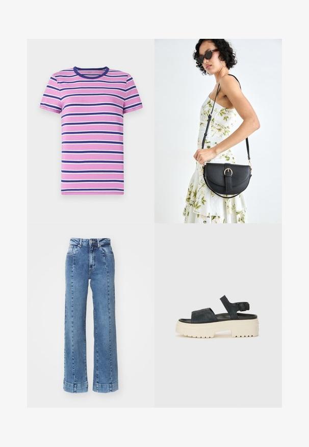 Lyhythihainen t-paita vaaleanpunaisista, valkoisista ja tummansinisistä vaakaraitoja. Sisältää pyöreän pääntien ja pehmeän, sileän kankaan.; Vaaleansiniset farkut, joissa on leveät lahkeet ja korkea vyötärö. Niissä on etutaskut ja ommeltuja yksityiskohtia. Lahkeet on käännetty ja ommeltu.; Mustat mokkasiinipohjaiset platform-sandaalit, joissa on chunky-valkoinen pohja, leveä etuolka ja säädettävä nilkkaropustus. Teksturoitu ulkopohja takaa pidon.; Musta nahkainen käsilaukku, joka on kaareva muotoilultaan, irrotettavalla hihnalla ja kultaisilla yksityiskohdilla. Laukussa on läppä, jossa on solk yksityiskohta.