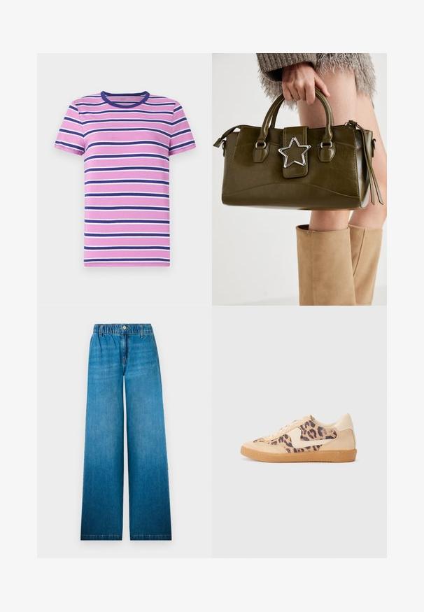 Kurzarm-T-Shirt mit horizontalen Streifen in verschiedenen Rosa-, Weiß- und Marineblau-Tönen. Mit Rundhalsausschnitt und weichem, glattem Stoff.; Weit geschnittene Jeans aus hellblauem Denim, mit einem elastischen Bund, einem Knopfverschluss und einem geraden Schnittdesign mit ausgeblichenem Effekt.; Löwenmuster-Sneaker mit beige Wildleder-Obermaterial, tanfarbener Gummisohle und weißen Akzenten. Runde Zehenform und Schnürdesign mit strukturiertem Finish.; Olivgrünes Kunstlederhandtasche mit silbernem Sternakzent, doppelten Griffen und einem Reißverschluss. Strukturierten Form und texturierten Oberfläche.