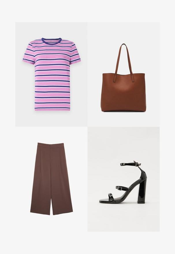 Kortärmad t-shirt med horisontella ränder i nyanser av rosa, vitt och marinblått. Har en rundad halsringning och mjukt, slätt tyg.; Bruna vida byxor med en slät textur, som har hög midja och framfickor. Tyget är lätt och flödar löst.; Svarta lackerade klacksandaler med fyrkantig tå, ankelremmar och silverfärgade spännen. Har en kraftig blockklack för stabilitet.; Brun läder tote-väska med en slät textur, öppen toppdesign och två axelremmar. Har minimal söm och ingen synlig metalldetalj.