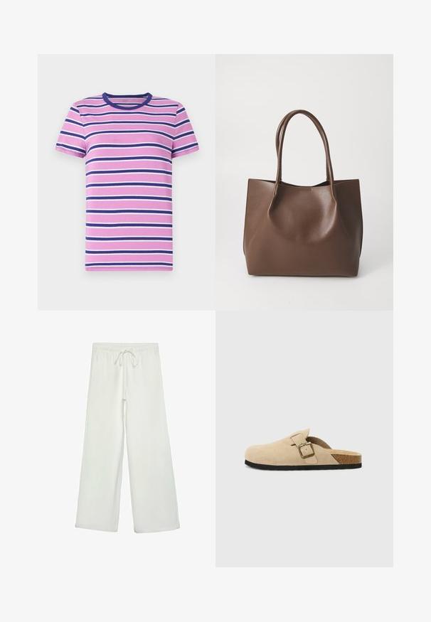 Short-sleeve t-shirt with horizontal stripes in shades of pink, white, and navy. Features a crew neckline and soft, smooth fabric.; White wide-leg pants made of soft fabric. Features an elastic waistband with a drawstring and a smooth texture. No visible patterns or hardware.; Beige suede slide-on clogs with a cork footbed, rounded toe, and a simple strap featuring a gold-tone buckle. Rubber sole for grip.; Brown leather tote bag with two long handles, structured shape, smooth texture, and minimalistic design. No visible hardware or accents.