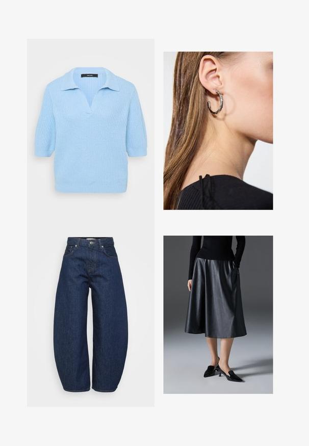 Ljusblå stickad t-shirt med kort ärm och krage, med en V-ringning och ribbad struktur genom hela plagget, vilket ger en avslappnad passform.; Mörkblå jeans i denim med en vid, avslappnad passform. Har dragkedja, fyra fickor och kontrasterande sömmar längs sömmarna.; Svart läder midi kjol med en slät yta; har en midja och sidofickor. Kombinerad med blanka svarta klackskor.; Silverörhänge med polerad yta, med små detaljer i guld och rund form, bärs på loben.