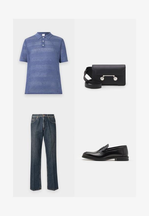 Mėlynas, trumpomis rankovėmis polo marškinėliai, pagaminti iš atvirų mezgimo audinio. Sukurtas su apykakle ir trimis mygtukais, turi tekstūruotų juostų raštą.; Tamsiai mėlynos tiesios kojos džinsai su priekiniais mygtukais, užtrauktuku, dviem priekinėmis kišenėmis ir matomomis vertikaliomis raukšlėmis nuo kelnių šonų.; Juodos odinės loafers, turinčios lygų paviršių, apvalią noselę ir dekoratyvinę juostą per priekinę dalį. Žemas krentantis kulnas, minimalistinis dizainas.; Juodas odinis kryžminis krepšys su sklendės uždarymu, sidabro spalvos detalėmis ir dviem apvaliais akcentais. Yra nusiimamas diržas. Lygus paviršius.