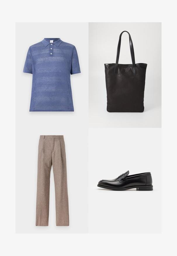 Blå kortærmet polo-shirt lavet af åbenstrikket stof. Har en krave-halsudskæring med tre knapper og en struktureret stribepattern.; Brune, højtaljede bukser lavet af tekstureret stof. Har brede ben og to frontfoldninger for struktur. Pæn finish uden synlig hardware.; Sorte læderloafers med en glat overflade, rund tå og en dekorativ strop over vampen. Lav hæl med stabeldesign, minimalistisk stil.; Sort lærred tote taske med sorte læderhåndtag. Simpelt design, rummelig krop og en glat overflade. Ingen synlige logoer eller mønstre.