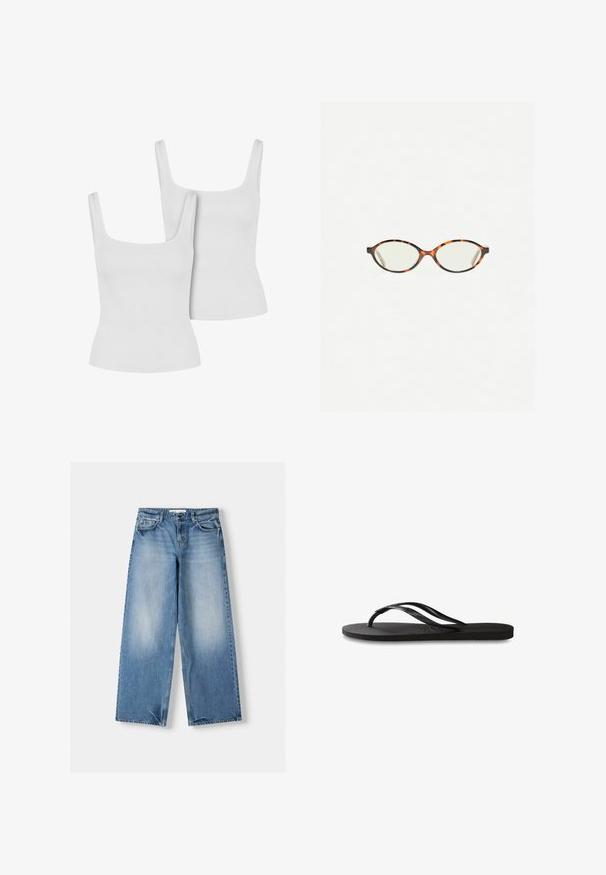Zwei weiße Baumwoll-Top mit geripptem Muster, ausgestattet mit breiten Trägern und einem figurbetonten Design. Jedes hat einen quadratischen Ausschnitt.; Hellblaue Jeans mit entspanntem Schnitt, weitem Bein und ausgewaschenen Abschnitten. Hergestellt aus Denim mit klassischem Fünf-Taschen-Design und knöpfbarem Bund.; Schwarze Flip-Flops mit einer strukturierten Gummisohle, zwei schlanken Riemen und einem dezenten, geprägten Logo-Detail auf dem Riemen.; Schildpatt-Eyegläser mit ovalen Gläsern und einer eleganten, glatten Oberfläche. Mit dünnen Seiten und einer subtilen Kurve an den Schläfen. Klare Gläser.