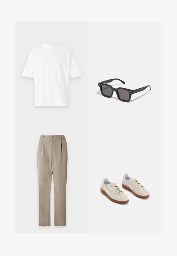 Balta medvilnės marškinėliai su trumpomis rankovėmis, apvalia kaklo iškirpte ir subtiliu logotipo atvaizdu ant krūtinės. Atsipalaidavęs, dėžutės tipo siluetas su lygia tekstūra.; Chaki kelnes su tiesia kojų forma, su mygtuko uždarymu ir raukiniais priekyje. Pagamintos iš sklandaus audinio su matinio paviršiaus apdaila.; Šviesiai rudos suknelių sportbačiai su baltais odiniais akcentais ir rudomis gumos padangomis. Įrengta apvali nosis, raišteliai ir auksinis logotipas šone.; Juodos stačiakampės saulės akinių su tamsiais lęšiais, turinčiais storą rėmelį, subtilias detales šonuose ir be matomų logotipų, išskyrus prekės pavadinimą.