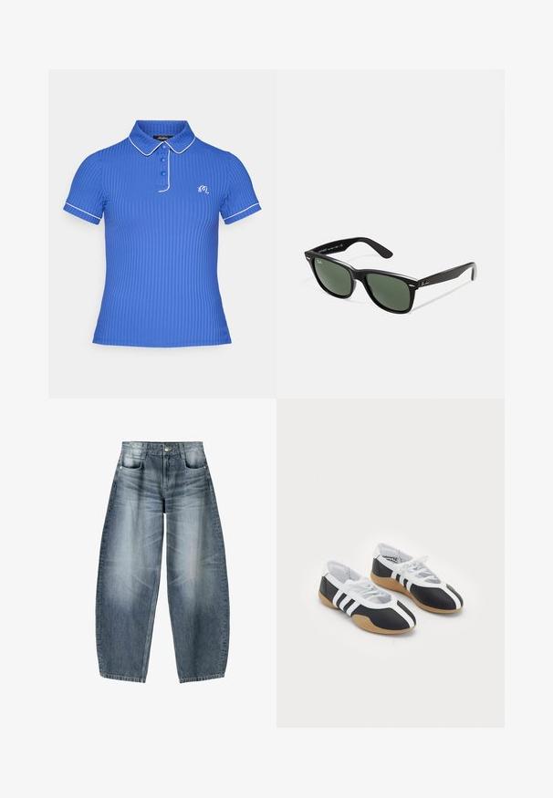 Modrá žebrovaná polo košile s límečkem, třemi knoflíky, bílým lemováním na rukávech a límečku, a vyšívaným logem.; Džínsy s širokými nohavicemi vyrobené z světle modrého denimového materiálu s vybledlým vzhledem, s pěti kapsami, zapínáním na knoflík a minimálními stehy.; Černobílé sportovní boty s elegantním designem, gumovou podešví, šněrováním a třemi bílými pruhy po stranách.; Černé plastové sluneční brýle se zelenými skly, čtvercové obroučky, stříbrný detail na obočí a texturované stranice. Značka uvedená na vnitřní straně stranic.